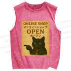 Unisex Online Shop Cat Printed Washed Tank Top