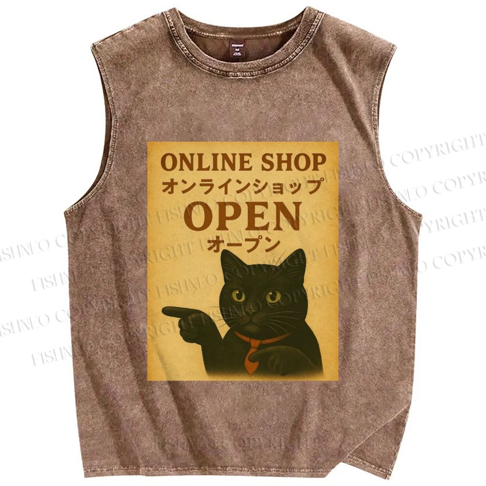 Unisex Online Shop Cat Printed Washed Tank Top