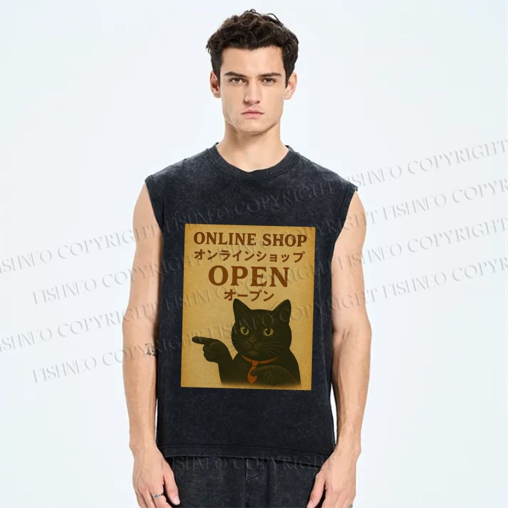 Unisex Online Shop Cat Printed Washed Tank Top