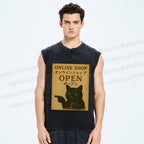 Unisex Online Shop Cat Printed Washed Tank Top