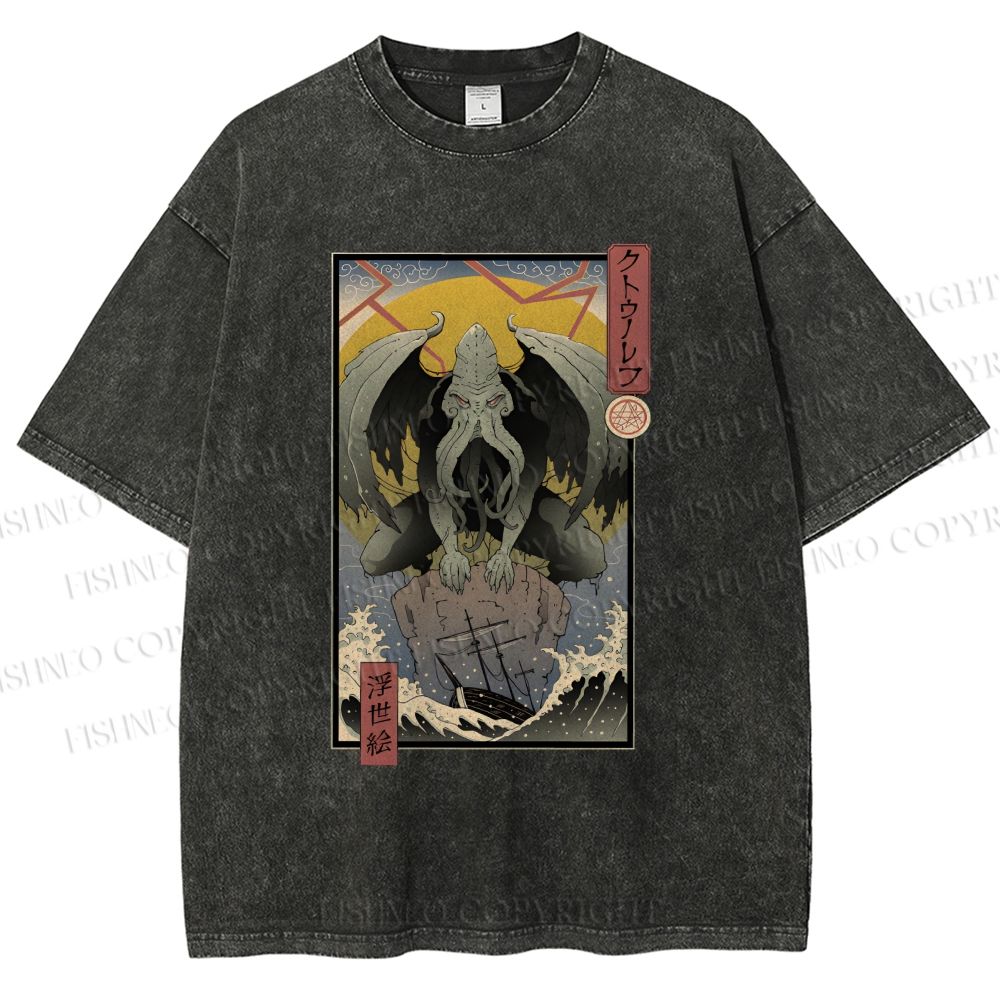 Unisex Ukiyo-e Octopus Printed Washed Tee