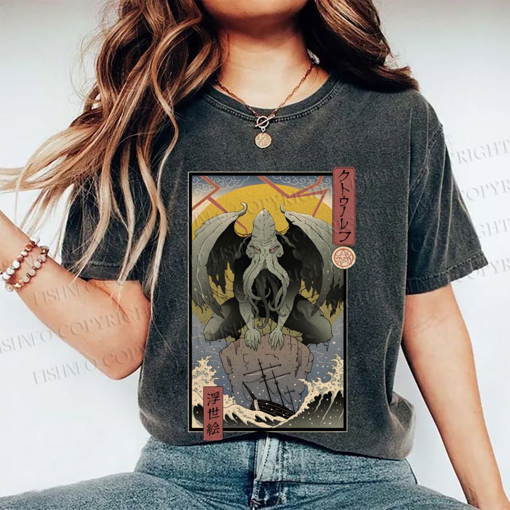 Unisex Ukiyo-e Octopus Printed Washed Tee