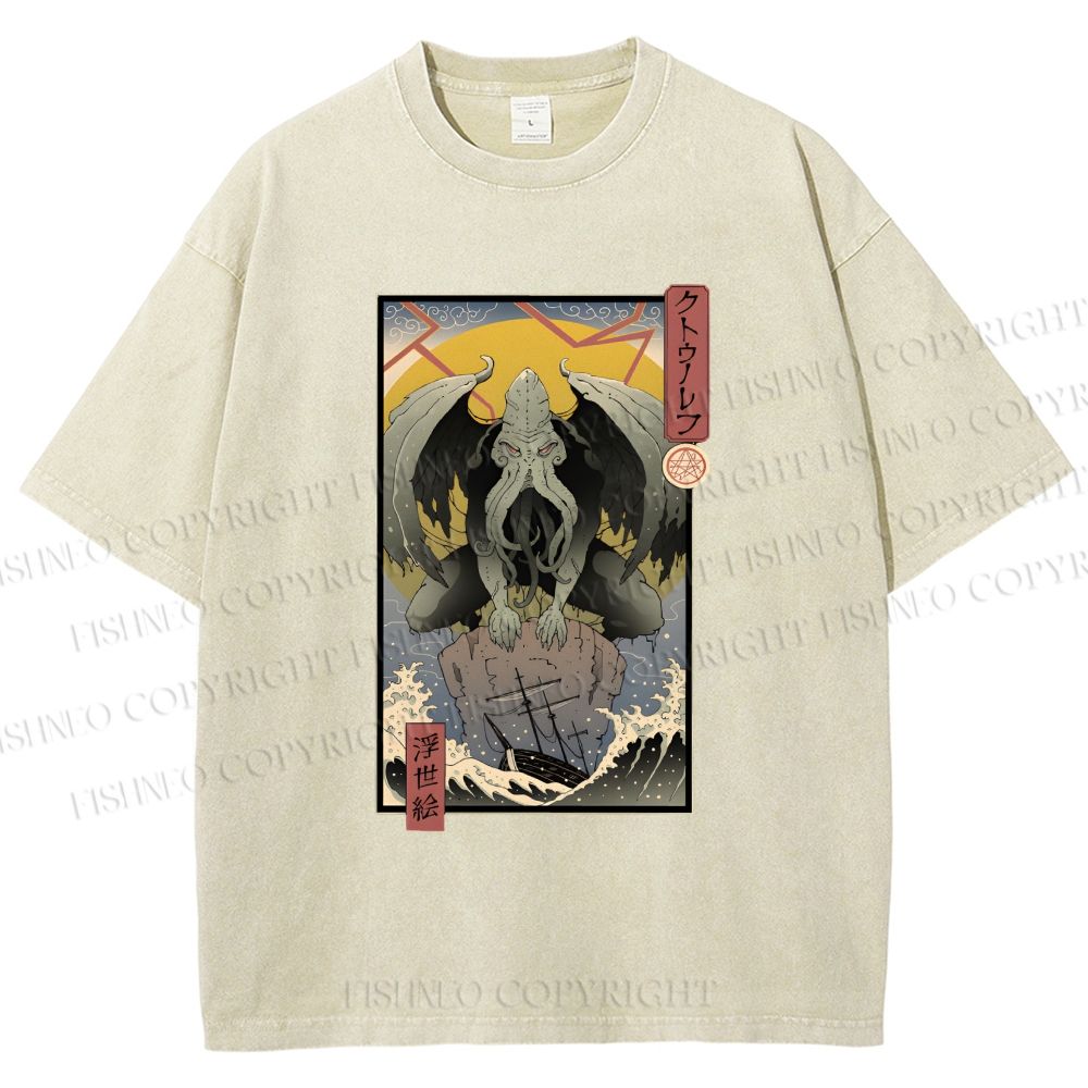 Unisex Ukiyo-e Octopus Printed Washed Tee