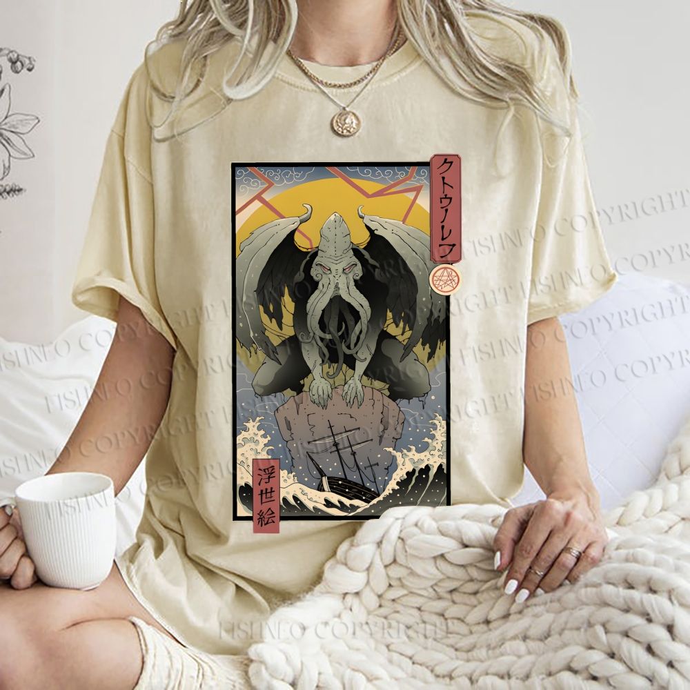 Unisex Ukiyo-e Octopus Printed Washed Tee