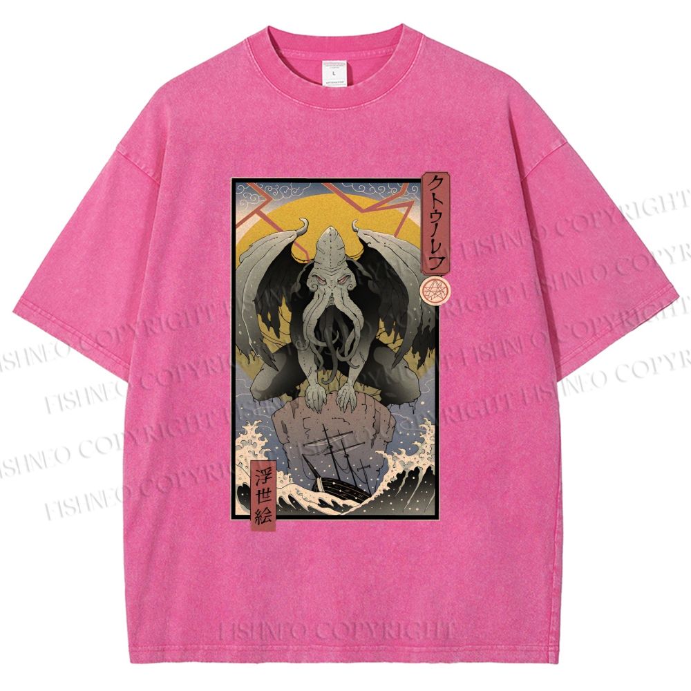 Unisex Ukiyo-e Octopus Printed Washed Tee