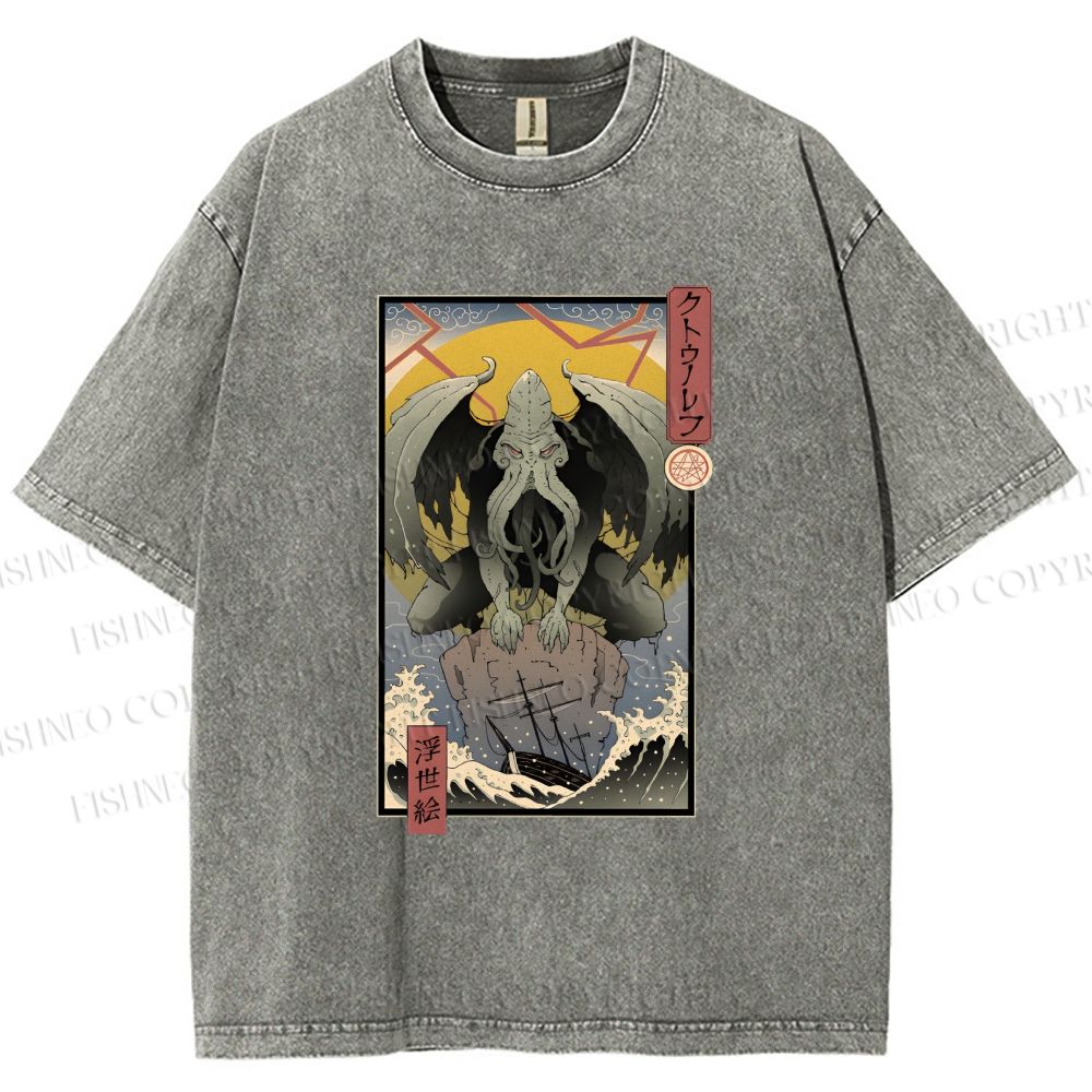 Unisex Ukiyo-e Octopus Printed Washed Tee
