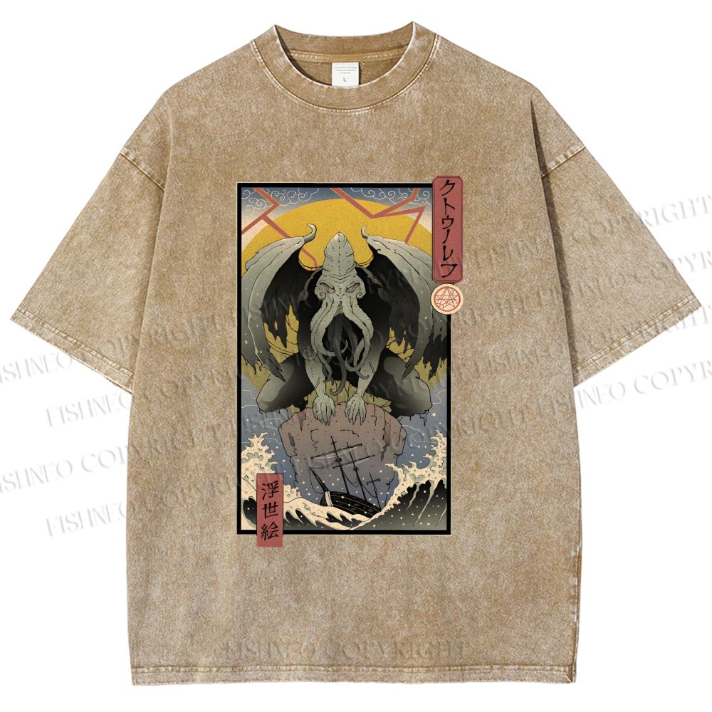 Unisex Ukiyo-e Octopus Printed Washed Tee