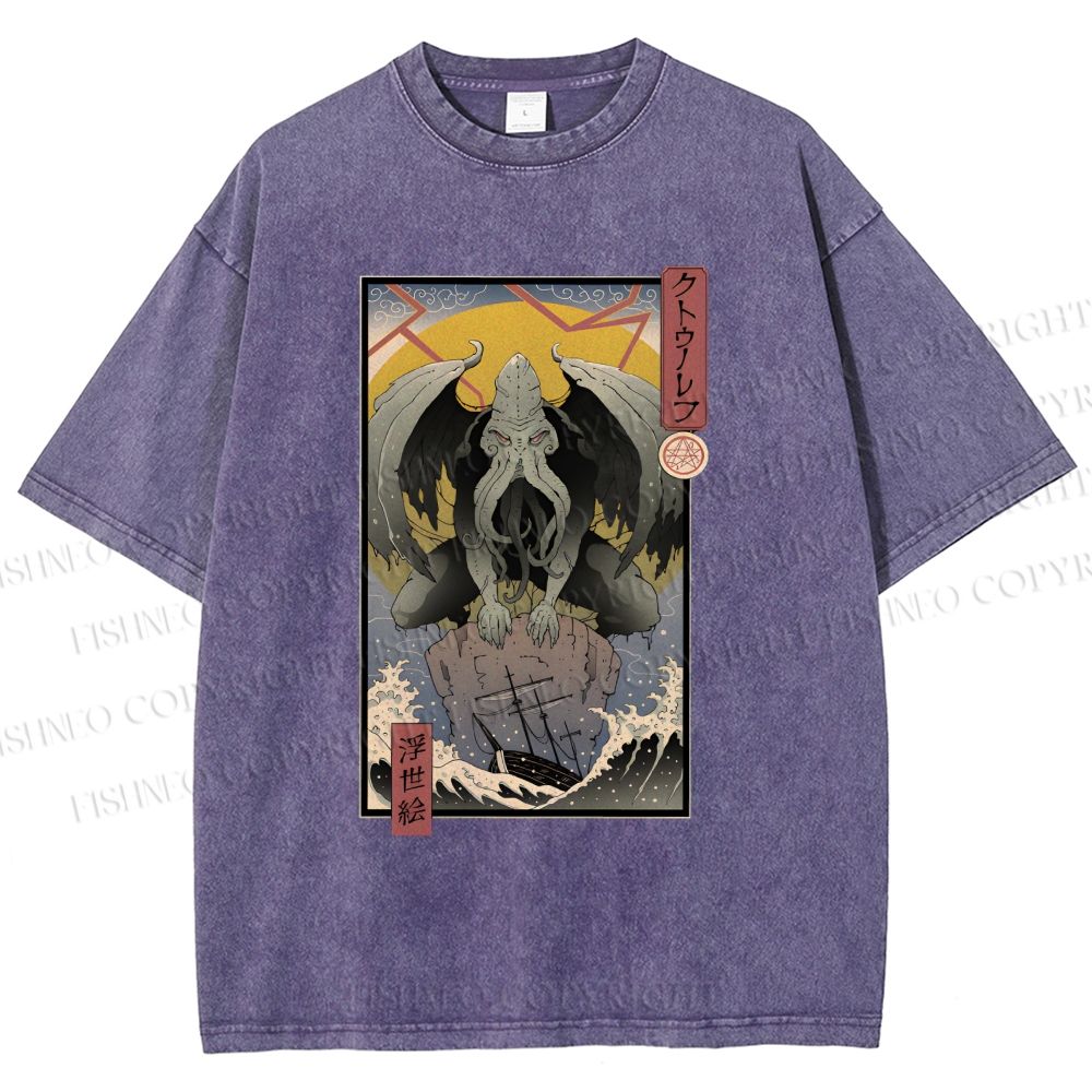Unisex Ukiyo-e Octopus Printed Washed Tee