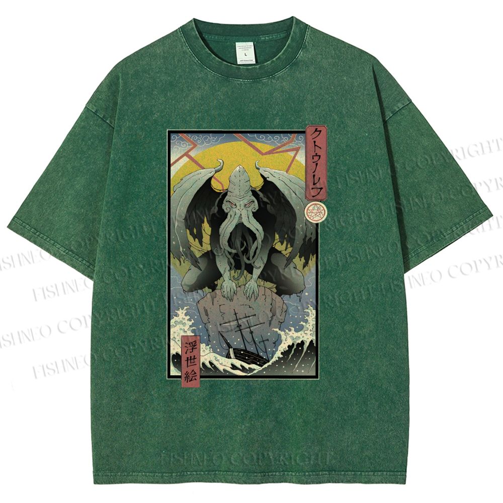 Unisex Ukiyo-e Octopus Printed Washed Tee