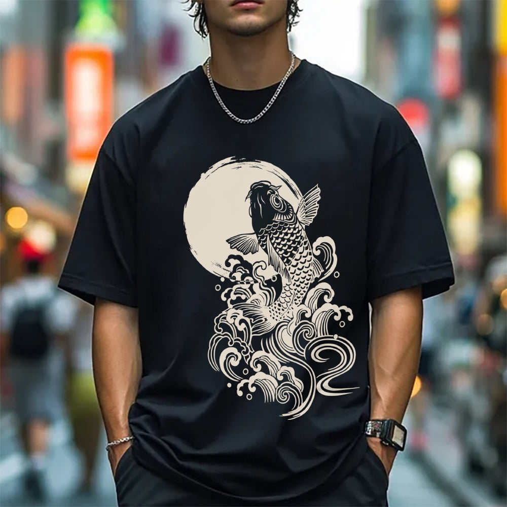 Carp Jump Sunrise Japanese Art Vintage T Shirt