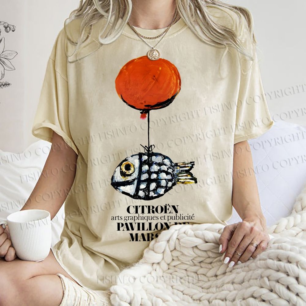 Unisex Cartoon Art Fish Printed Washed Tee