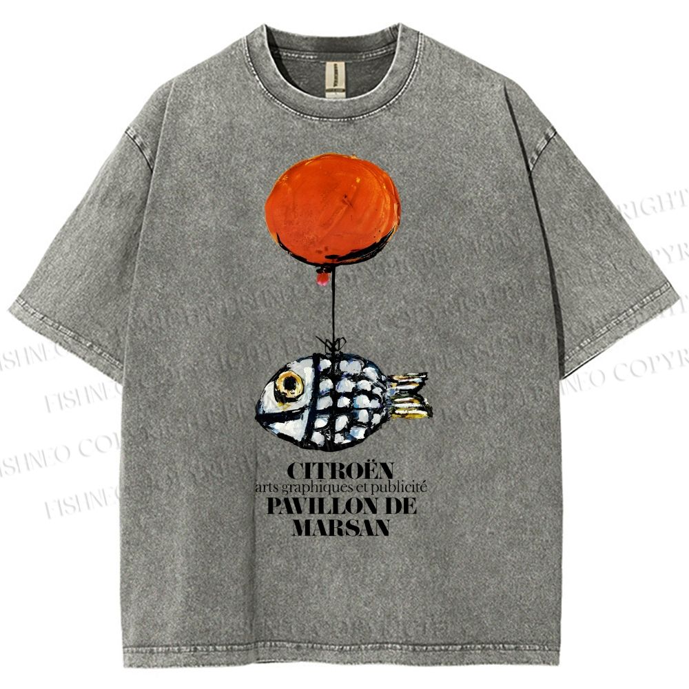 Unisex Cartoon Art Fish Printed Washed Tee