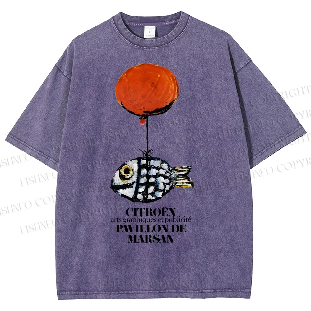 Unisex Cartoon Art Fish Printed Washed Tee