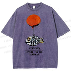 Unisex Cartoon Art Fish Printed Washed Tee