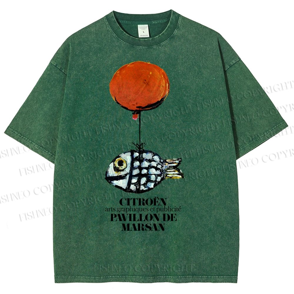 Unisex Cartoon Art Fish Printed Washed Tee