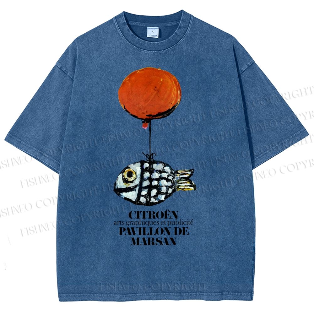 Unisex Cartoon Art Fish Printed Washed Tee