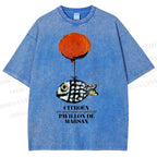 Unisex Cartoon Art Fish Printed Washed Tee