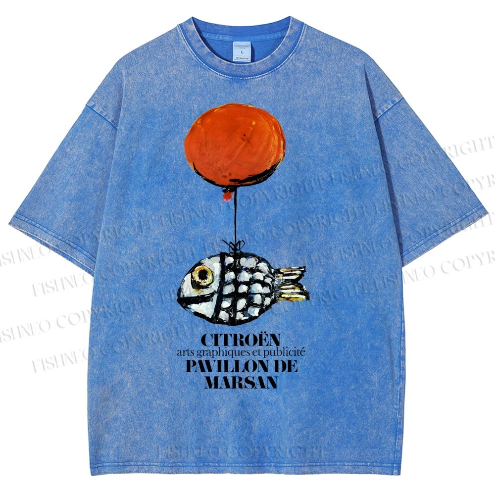 Unisex Cartoon Art Fish Printed Washed Tee