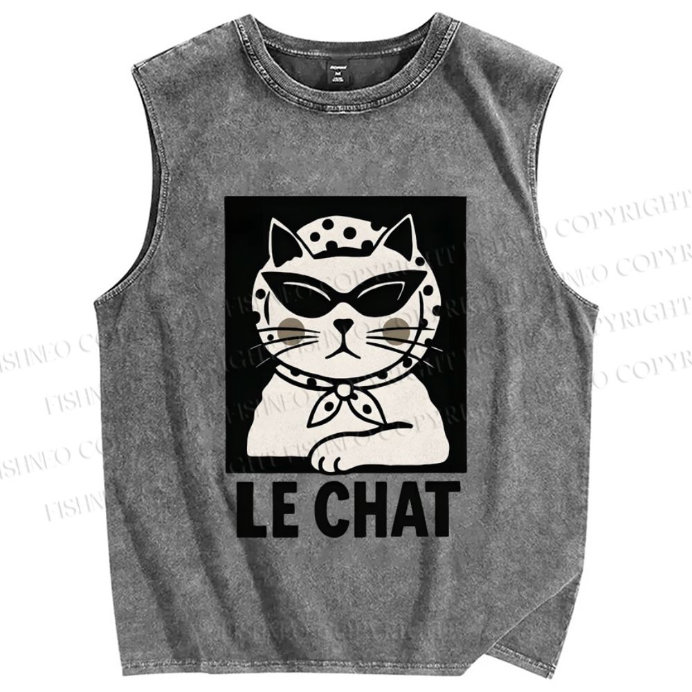 Unisex Cat Printed Washed Tank Top