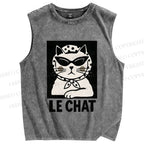 Unisex Cat Printed Washed Tank Top