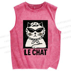 Unisex Cat Printed Washed Tank Top