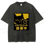 Unisex Japanese Cat Videoing Printed Washed Tee