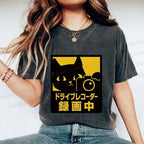 Unisex Japanese Cat Videoing Printed Washed Tee
