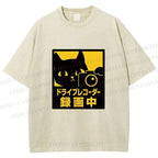 Unisex Japanese Cat Videoing Printed Washed Tee