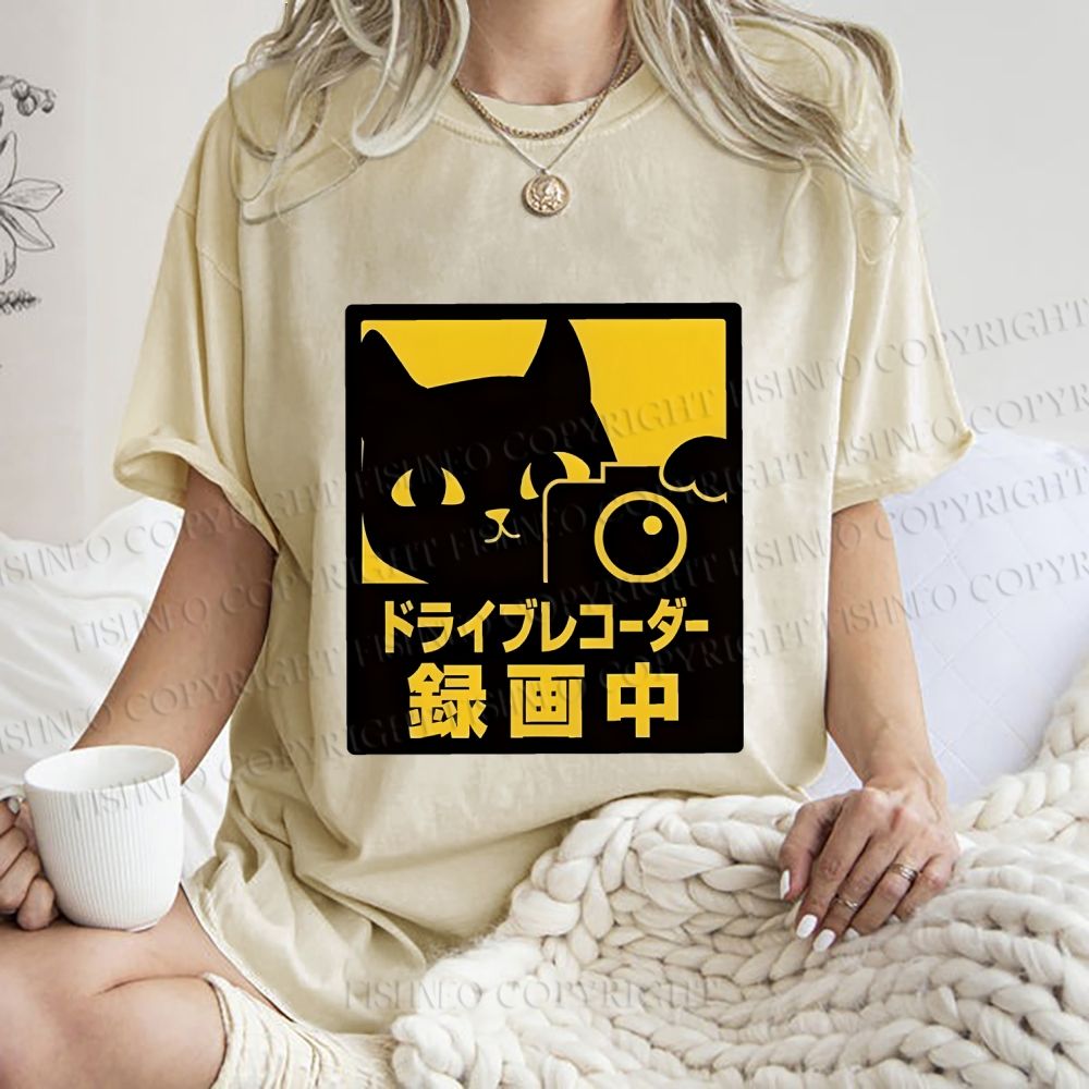 Unisex Japanese Cat Videoing Printed Washed Tee
