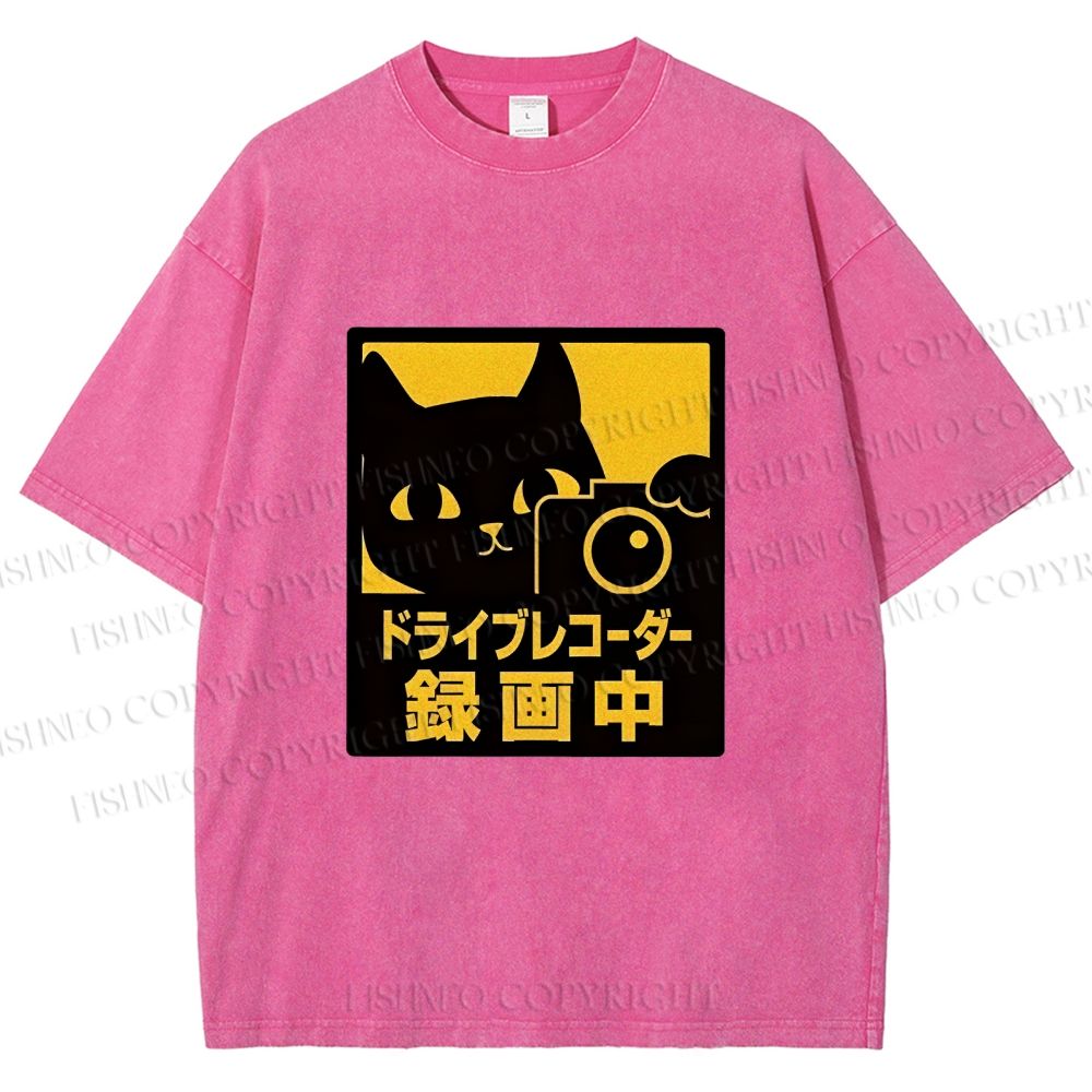 Unisex Japanese Cat Videoing Printed Washed Tee