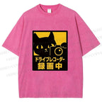 Unisex Japanese Cat Videoing Printed Washed Tee