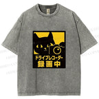 Unisex Japanese Cat Videoing Printed Washed Tee