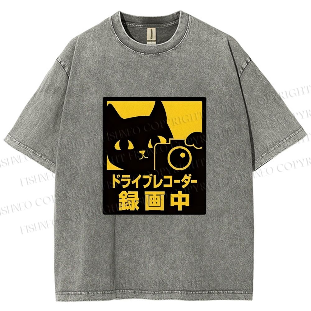 Unisex Japanese Cat Videoing Printed Washed Tee