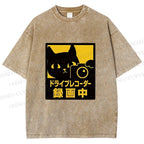 Unisex Japanese Cat Videoing Printed Washed Tee
