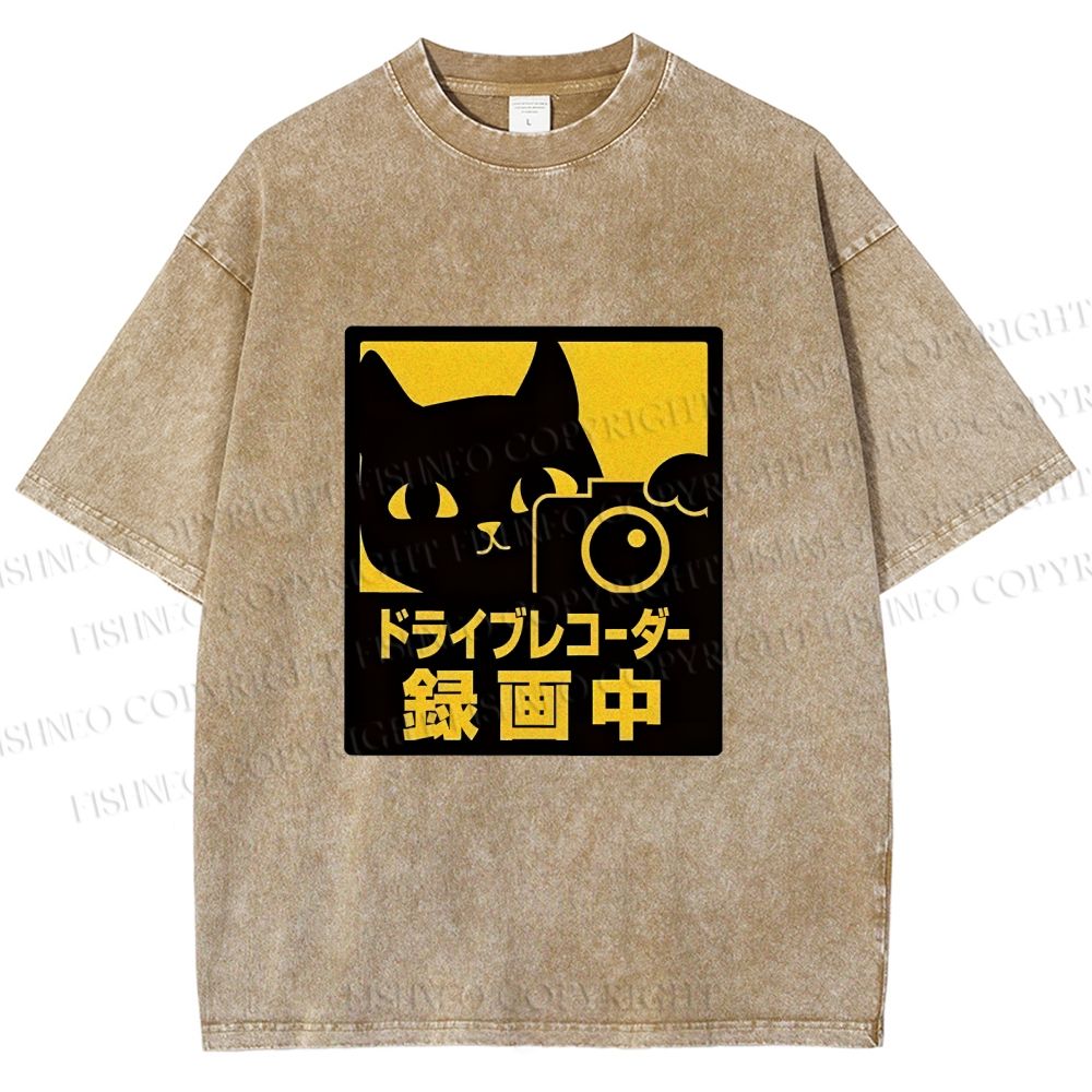 Unisex Japanese Cat Videoing Printed Washed Tee