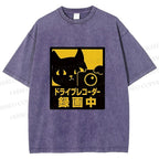 Unisex Japanese Cat Videoing Printed Washed Tee