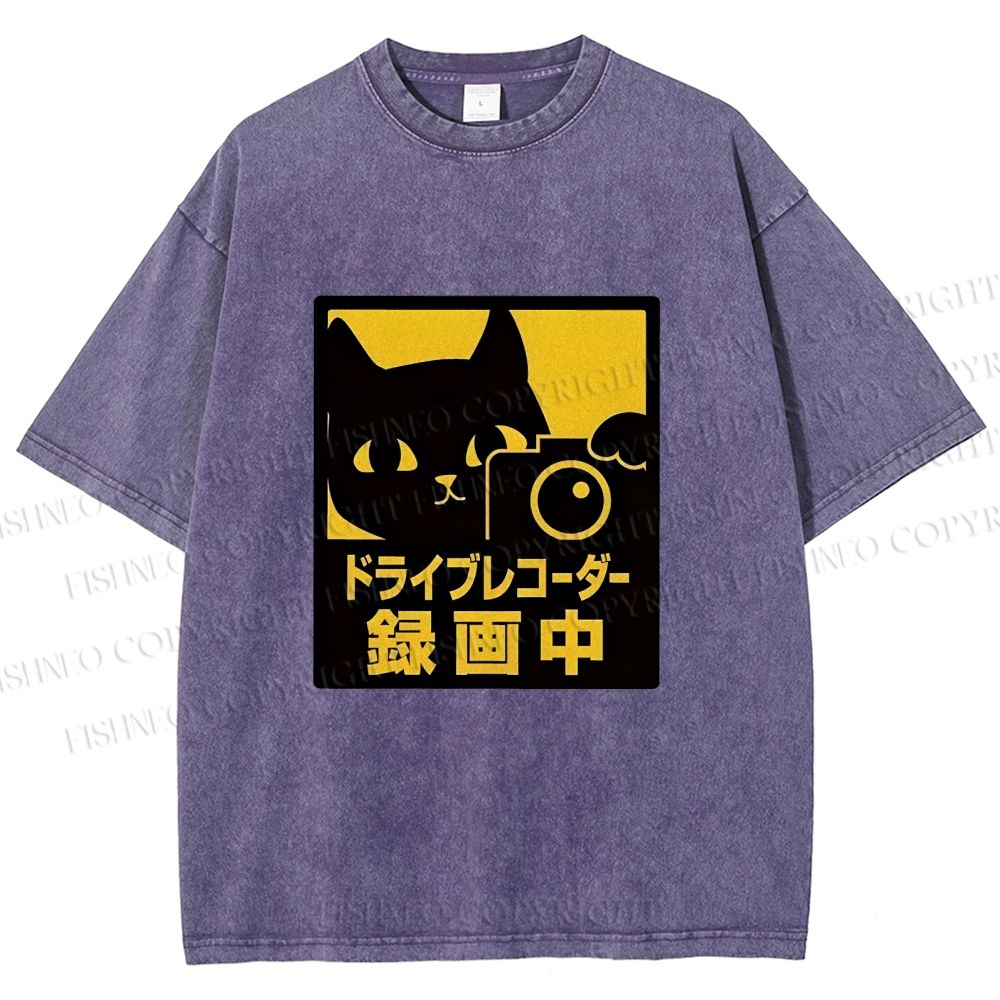 Unisex Japanese Cat Videoing Printed Washed Tee