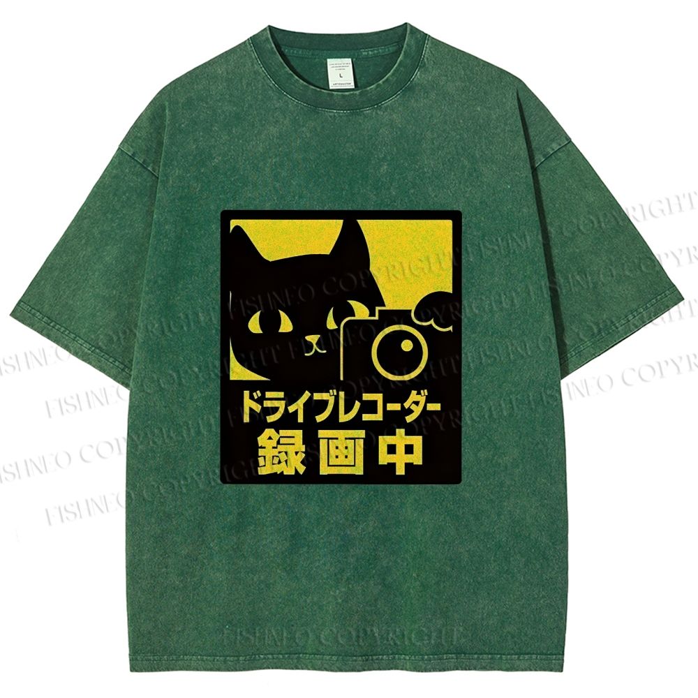 Unisex Japanese Cat Videoing Printed Washed Tee