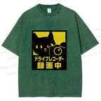 Unisex Japanese Cat Videoing Printed Washed Tee