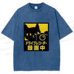Unisex Japanese Cat Videoing Printed Washed Tee