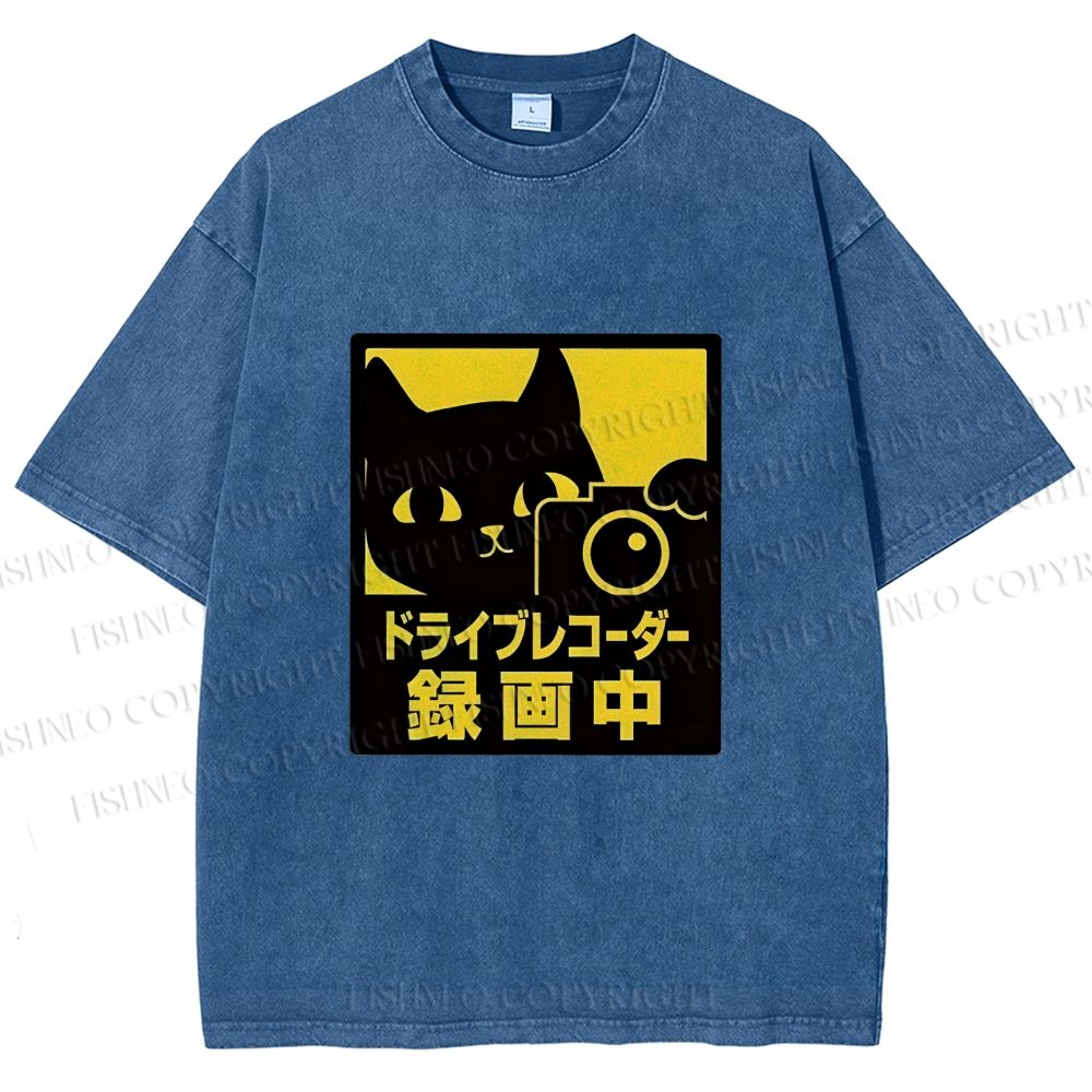 Unisex Japanese Cat Videoing Printed Washed Tee