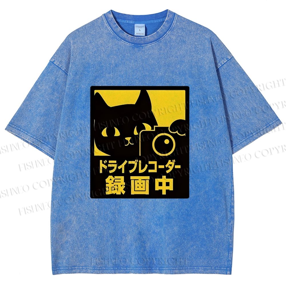Unisex Japanese Cat Videoing Printed Washed Tee
