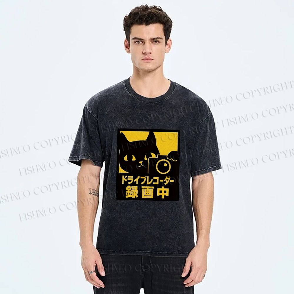 Unisex Japanese Cat Videoing Printed Washed Tee