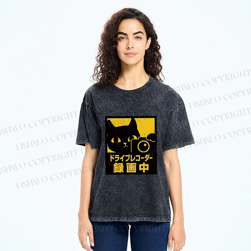 Unisex Japanese Cat Videoing Printed Washed Tee