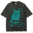Unisex Vintage Japanese Cat Graffiti Printed Washed Tee