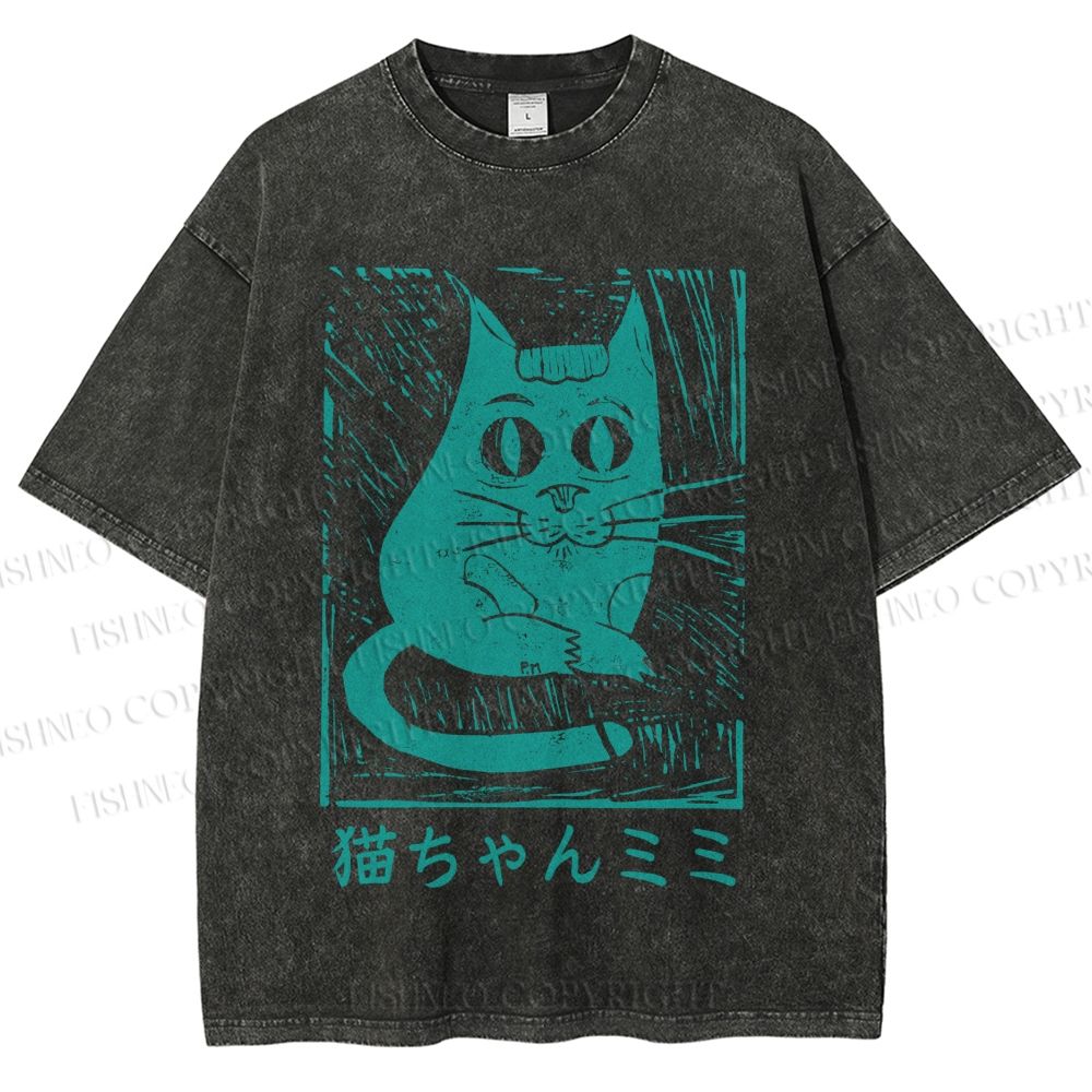 Unisex Vintage Japanese Cat Graffiti Printed Washed Tee