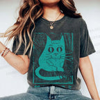 Unisex Vintage Japanese Cat Graffiti Printed Washed Tee