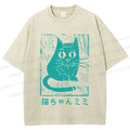 Unisex Vintage Japanese Cat Graffiti Printed Washed Tee