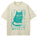 Unisex Vintage Japanese Cat Graffiti Printed Washed Tee