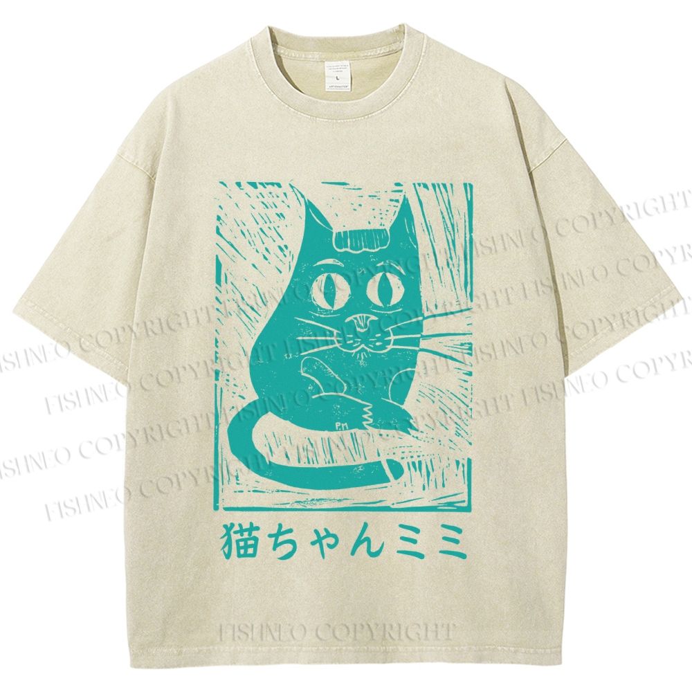 Unisex Vintage Japanese Cat Graffiti Printed Washed Tee